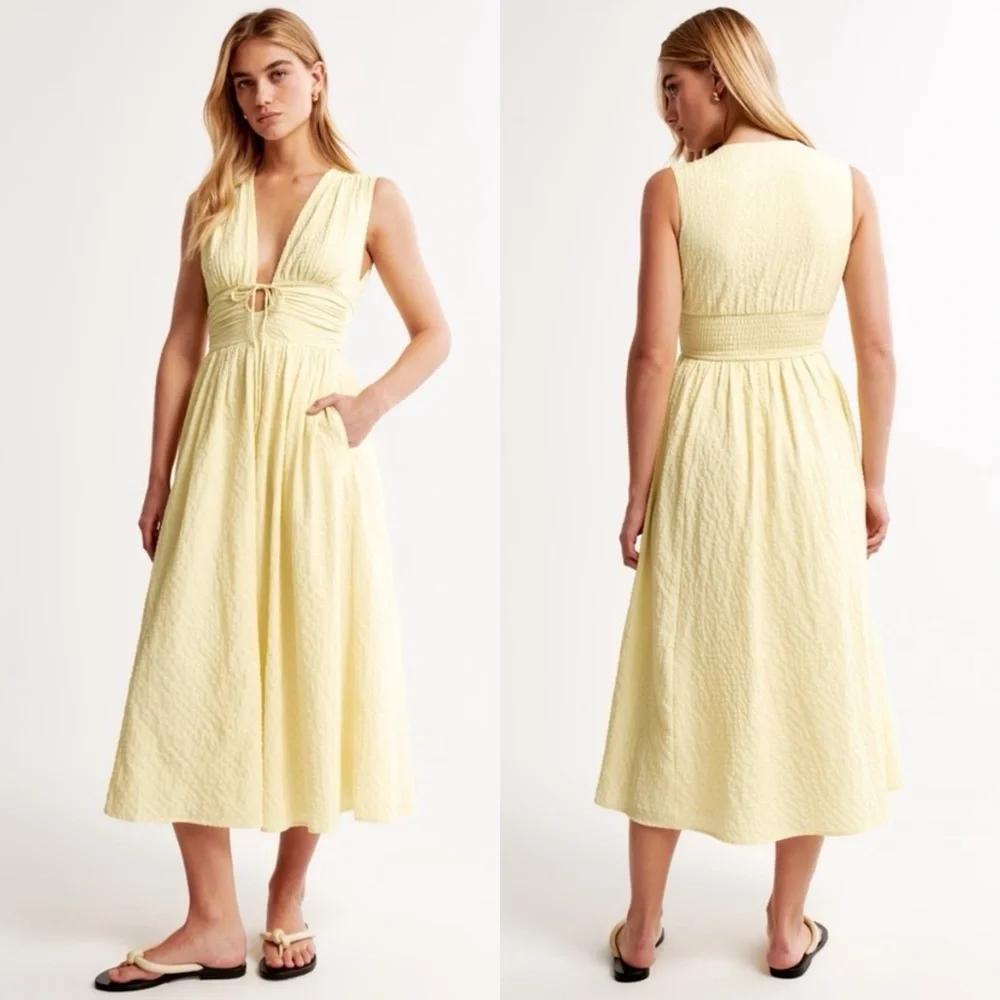 Abercrombie & Fitch Seersucker Textured Ruched Midi Dress Butter Yellow